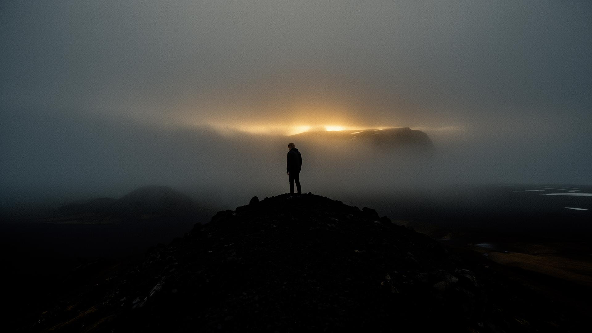 Lone explorer on a ridge at dusk